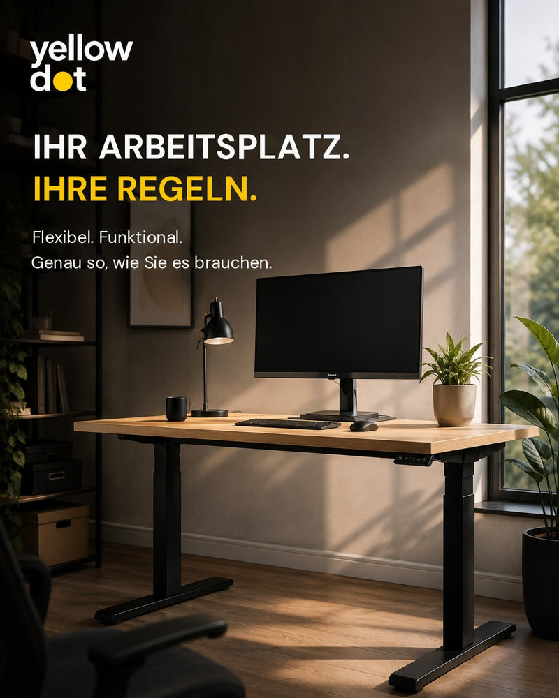 Yellow Dot – Ihr Arbeitsplatz. Ihre Regeln: höhenverstellbarer Schreibtisch am Fenster