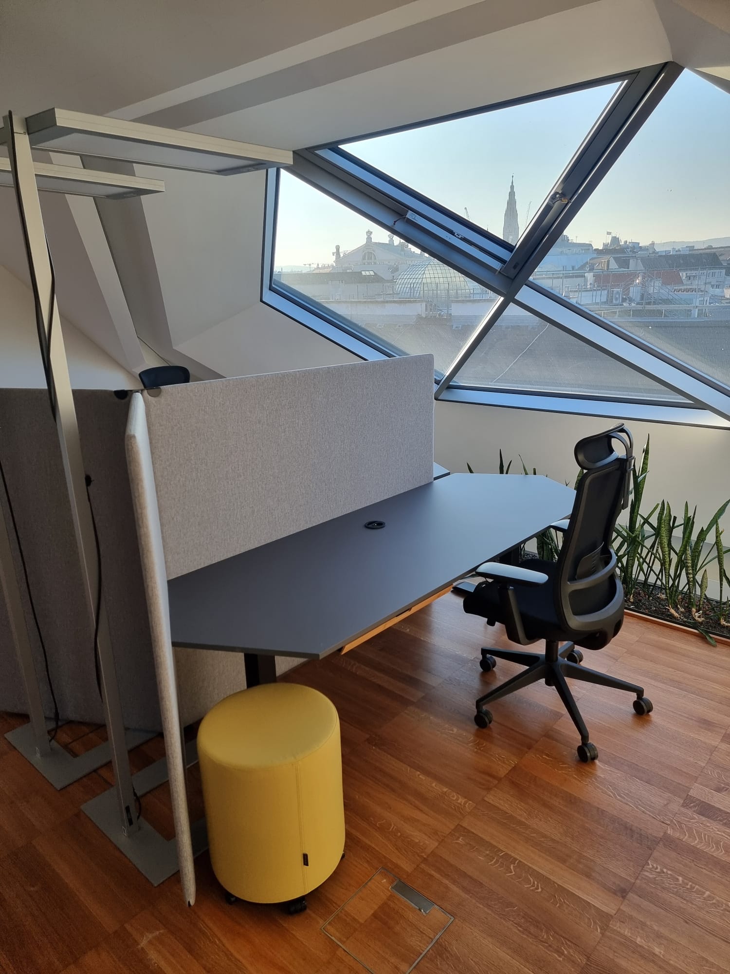 Arbeitsplatz im Dachgeschoß mit höhenverstellbarem Schreibtisch, Akustik-Trennwand und Blick über die Wiener Dächer