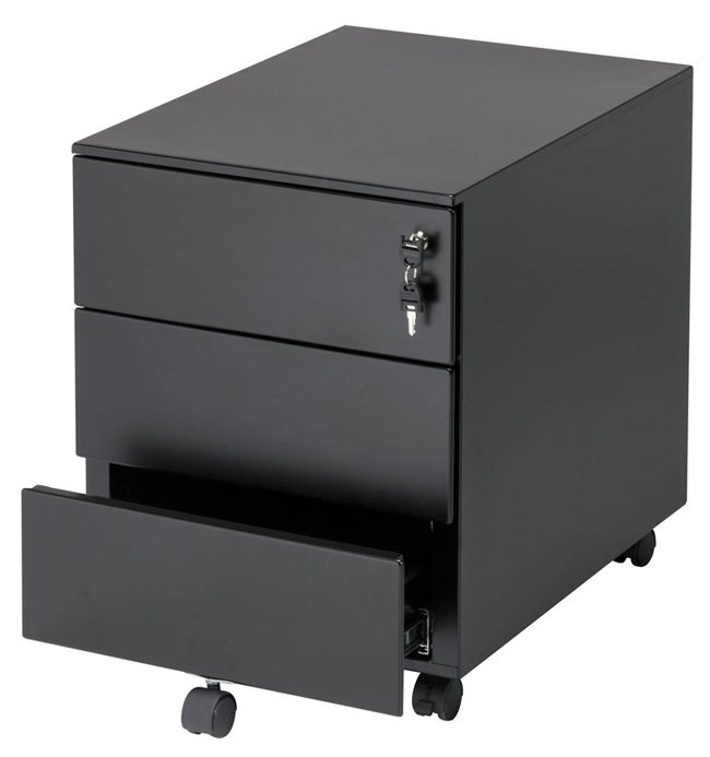 Metallcontainer mit drei Laden, Schwarz, obere Lade geöffnet