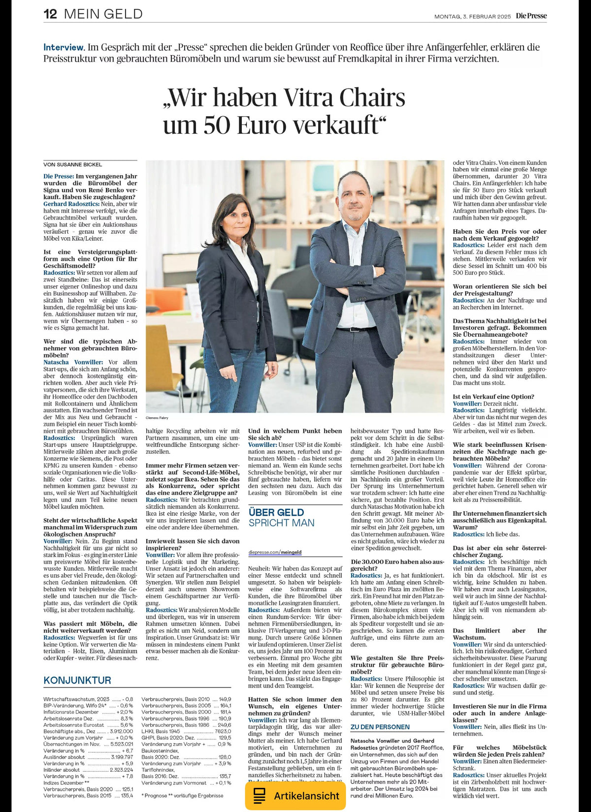 Die Presse, 03.02.2025: Interview mit Gerhard Radosztics und Natascha Vonwiller