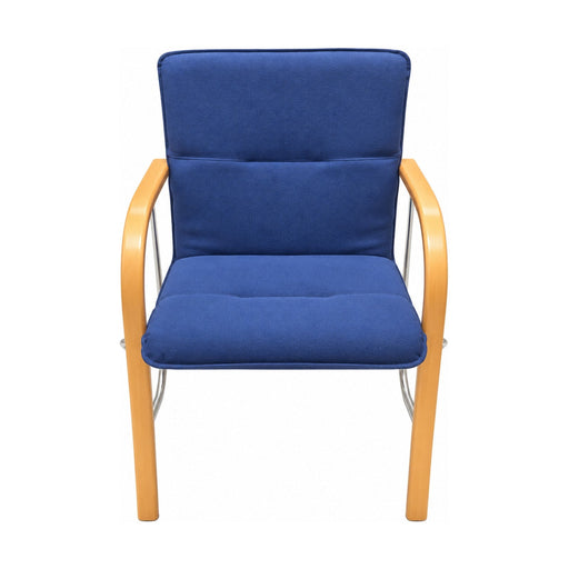 Besuchersessel Comforto – Blau Stoff, Holzarmlehnen, Chromgestell, gebraucht