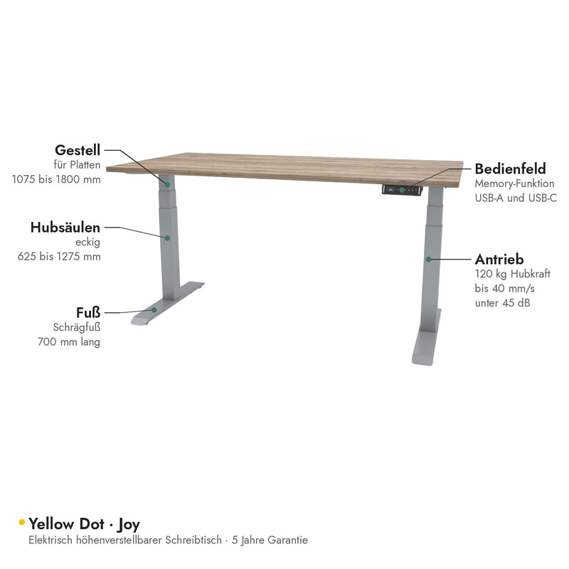 Yellow Dot Joy – Ausstattung: Bedienfeld mit Memory und USB, 120 kg Hubkraft, Höhe 625 bis 1275 mm
