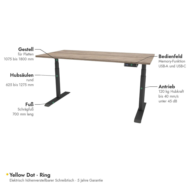 Yellow Dot Ring – Ausstattung: Bedienfeld mit Memory und USB, runde Hubsäulen, 120 kg Hubkraft, Höhe 625 bis 1275 mm