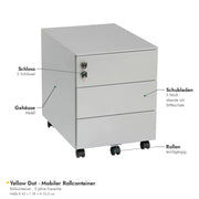 Yellow Dot Rollcontainer – Ausstattung: drei Schubladen, Schloss mit zwei Schlüsseln, Metallgehäuse, Rollen