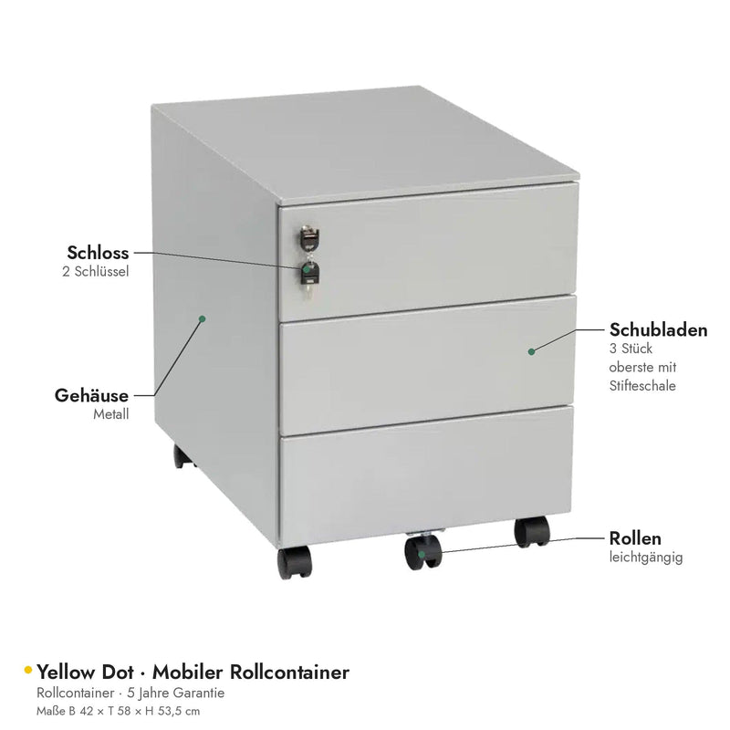 Yellow Dot Rollcontainer – Ausstattung: drei Schubladen, Schloss mit zwei Schlüsseln, Metallgehäuse, Rollen