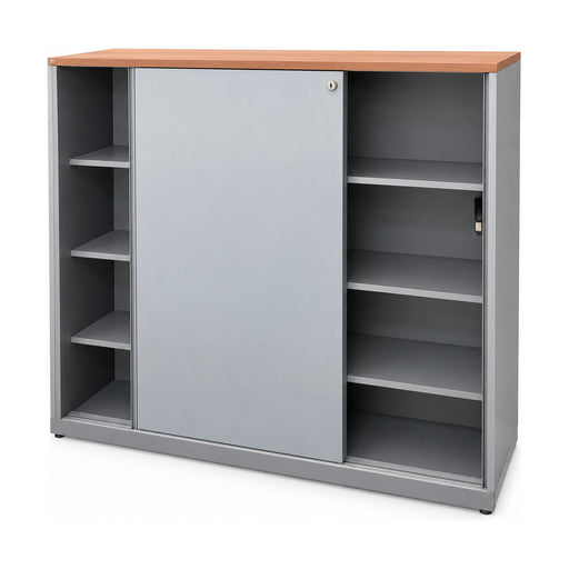 Schiebetürenschrank Hali – Grau mit Holzdekor-Abdeckplatte, 160 × 44 × 150 cm, abschließbar, gebraucht