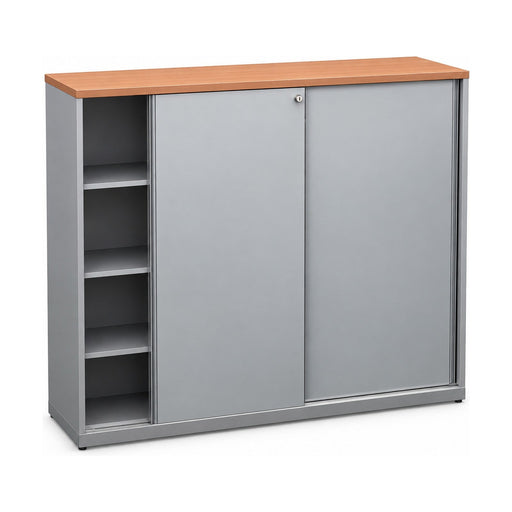 Schiebetürenschrank Hali – Grau mit Holzdekor-Abdeckplatte, 160 × 44 × 150 cm, abschließbar, gebraucht