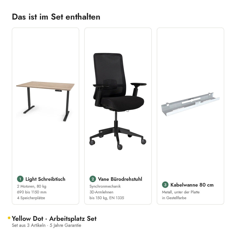 Yellow Dot Arbeitsplatz Set – Inhalt: Light Schreibtisch, Vane Bürodrehstuhl, Kabelwanne 80 cm