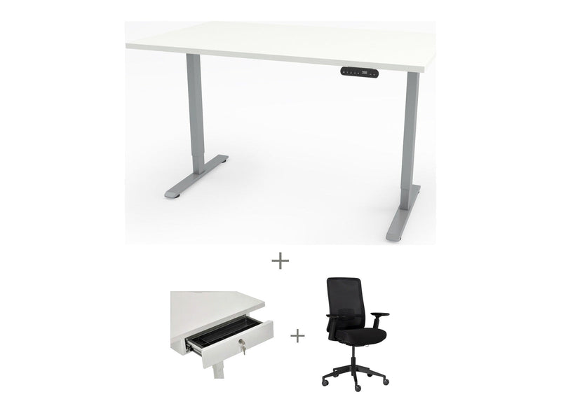 Yellow Dot Arbeitsplatz Set mit Stauraum – Platte Topweiss 0112 FH, Gestell Aluminium RAL 9006