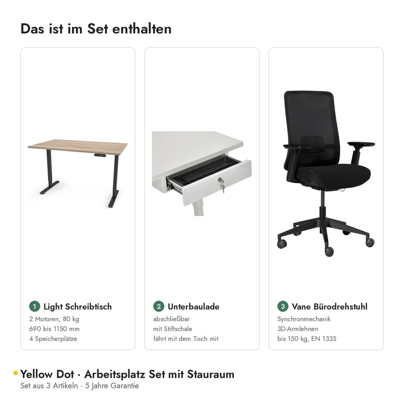 Yellow Dot Arbeitsplatz Set mit Stauraum – Inhalt: Light Schreibtisch, Unterbaulade, Vane Bürodrehstuhl
