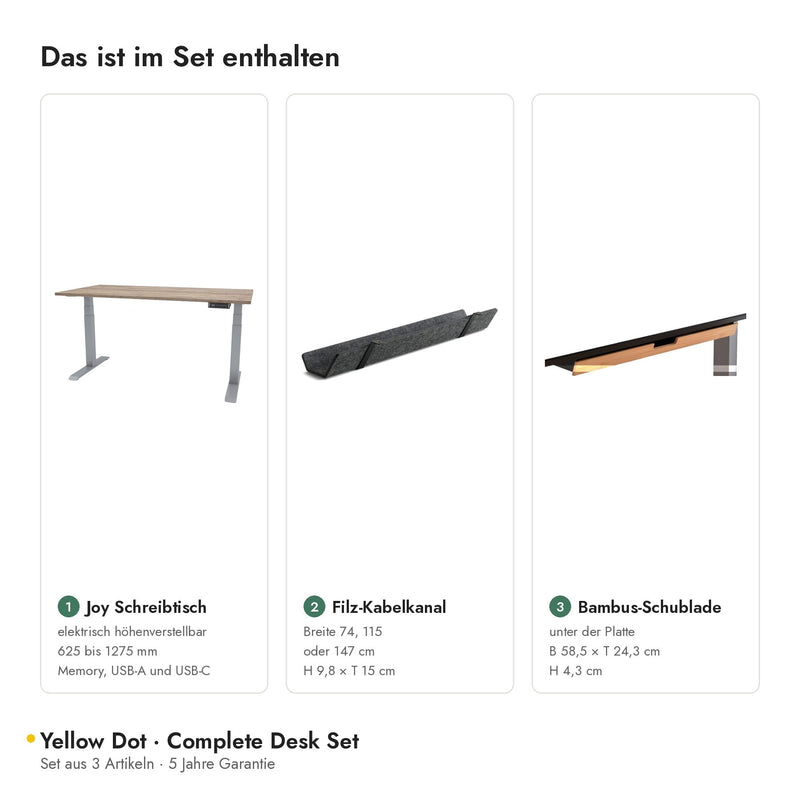 Yellow Dot Complete Desk Set – Inhalt: Joy Schreibtisch, Filz-Kabelkanal, Bambus-Schublade