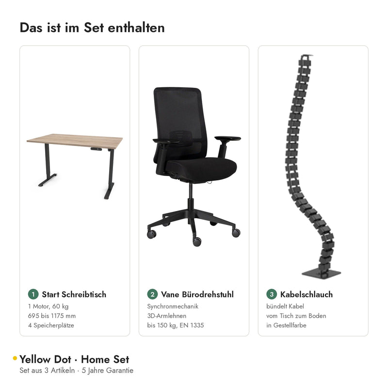 Yellow Dot Home Set – Inhalt: Start Schreibtisch, Vane Bürodrehstuhl, Kabelschlauch