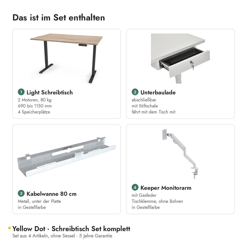 Yellow Dot Schreibtisch Set komplett – Inhalt: Light Schreibtisch, Unterbaulade, Kabelwanne, Keeper Monitorarm