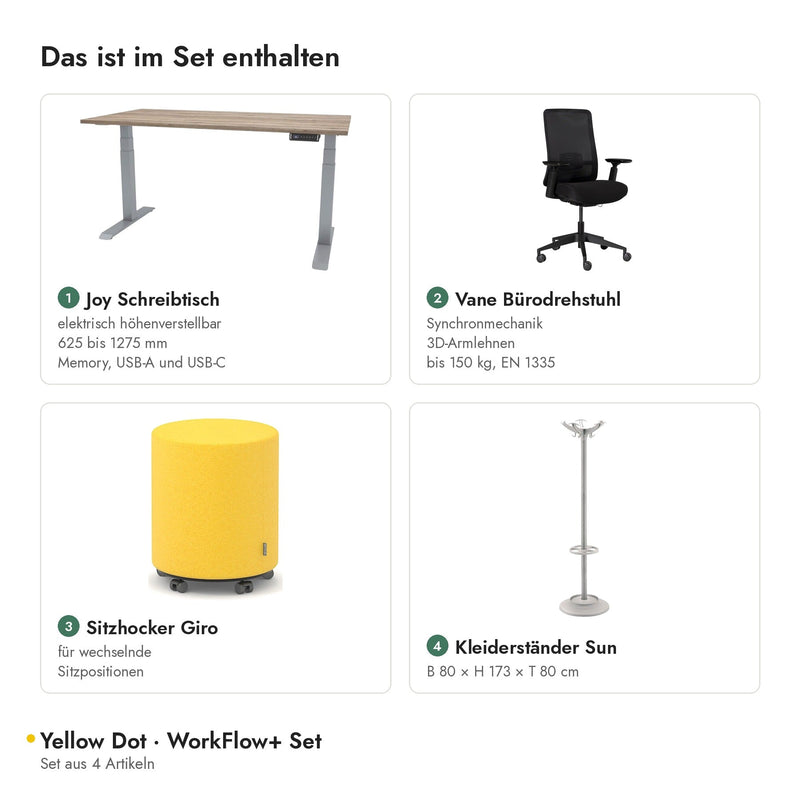 Yellow Dot WorkFlow+ Set – Inhalt: Joy Schreibtisch, Vane Bürodrehstuhl, Sitzhocker Giro, Kleiderständer Sun