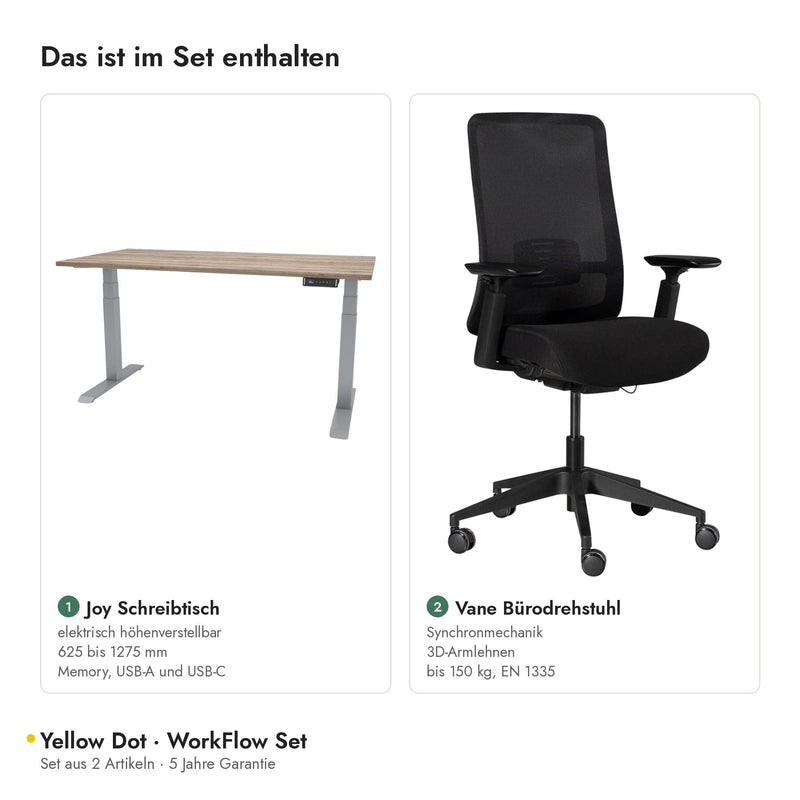 Yellow Dot WorkFlow Set – Inhalt: Joy Schreibtisch und Vane Bürodrehstuhl
