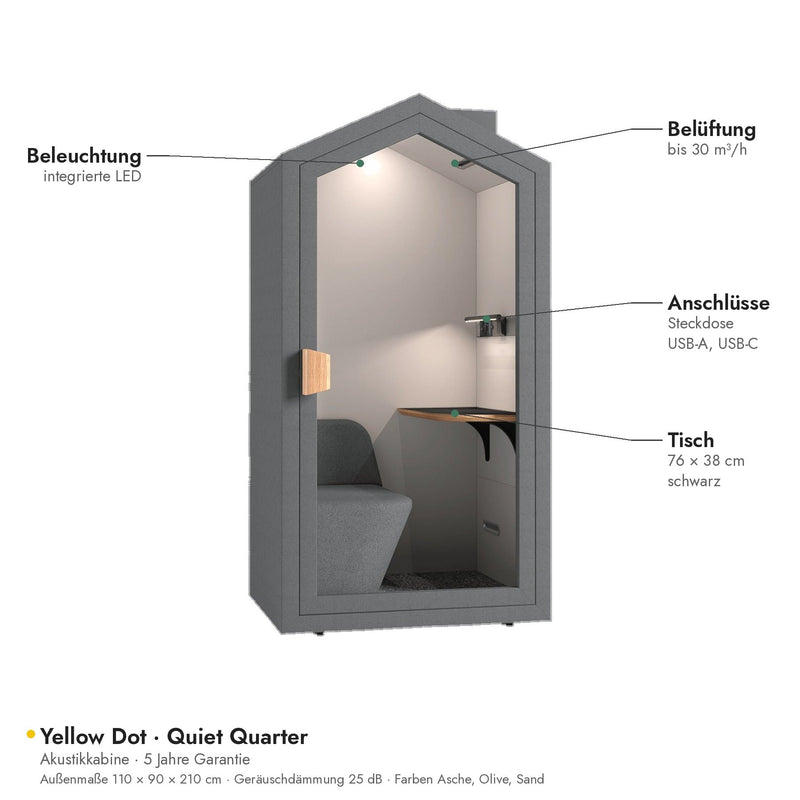 Yellow Dot Quiet Quarter – Ausstattung: LED-Beleuchtung, Belüftung, Steckdose und USB, Tisch 76 × 38 cm