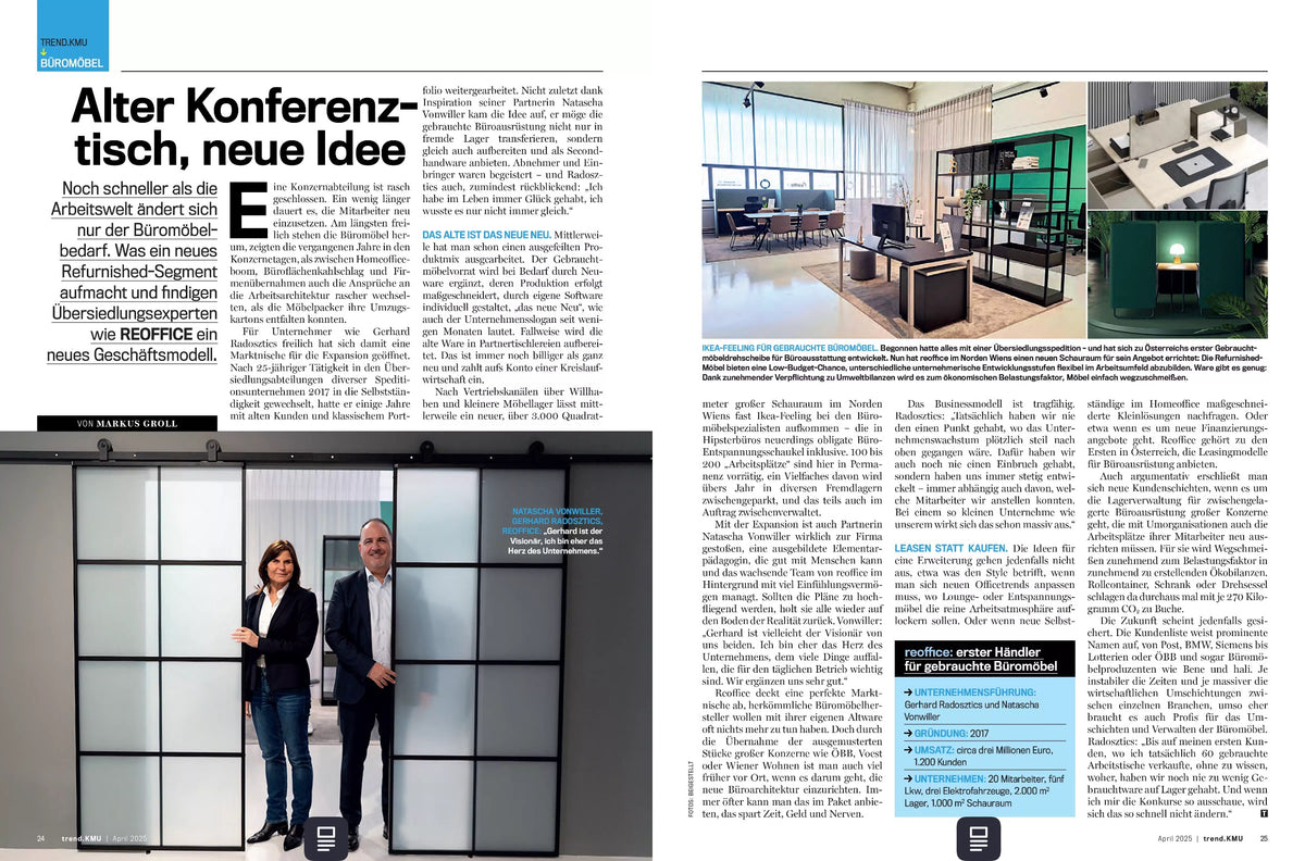 trend.KMU, April 2025: Alter Konferenztisch, neue Idee. Doppelseite über Reoffice