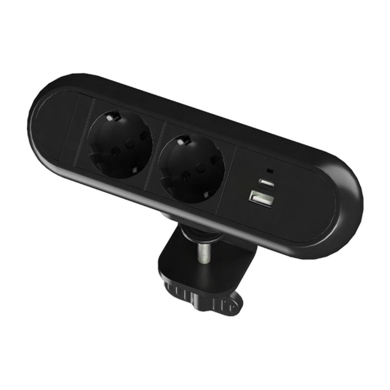 Klemm-Steckdose mit zwei Schuko-Anschlüssen und USB für die Tischkante