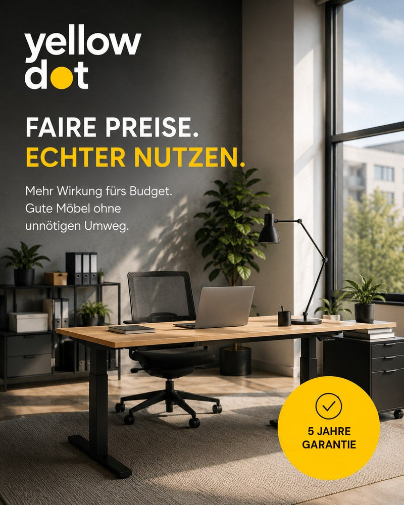 Yellow Dot – Faire Preise. Echter Nutzen: Büroarbeitsplatz mit Schreibtisch und Drehstuhl, 5 Jahre Garantie