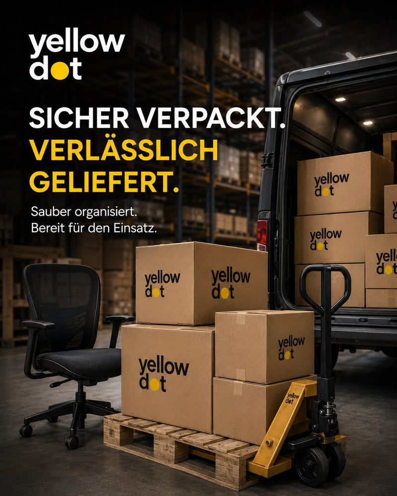 Yellow Dot – Sicher verpackt. Verlässlich geliefert: Kartons mit Yellow-Dot-Logo auf Palette vor Lieferwagen