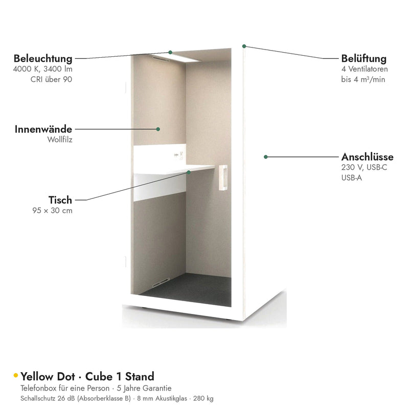 Yellow Dot Cube 1 Stand – Ausstattung: LED-Panel, 4 Ventilatoren, Tisch 95 × 30 cm, Anschlüsse