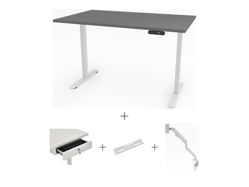 Yellow Dot Schreibtisch Set komplett – Platte Achatgrau 2171 PE, Gestell Weiß RAL 9016