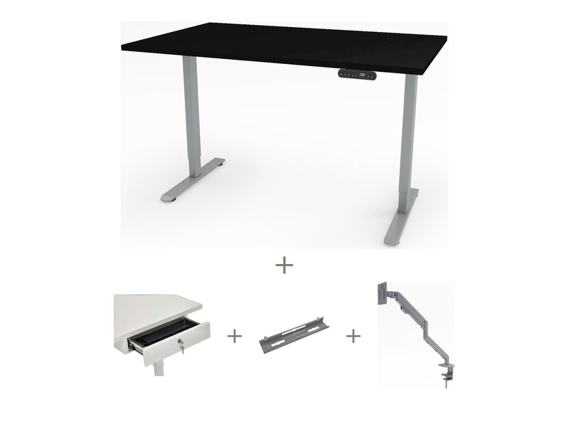 Yellow Dot Schreibtisch Set komplett – Platte Schwarz U999 ST7, Gestell Aluminium RAL 9006
