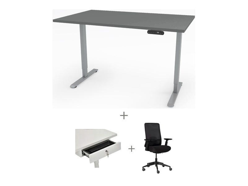 Yellow Dot Arbeitsplatz Set mit Stauraum – Platte Achatgrau 2171 PE, Gestell Aluminium RAL 9006