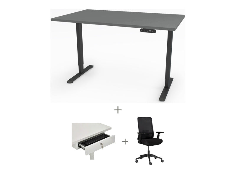 Yellow Dot Arbeitsplatz Set mit Stauraum – Platte Achatgrau 2171 PE, Gestell Schwarz RAL 9005
