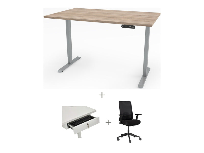 Yellow Dot Arbeitsplatz Set mit Stauraum – Platte Vicenza Eiche H3157 ST12, Gestell Aluminium RAL 9006