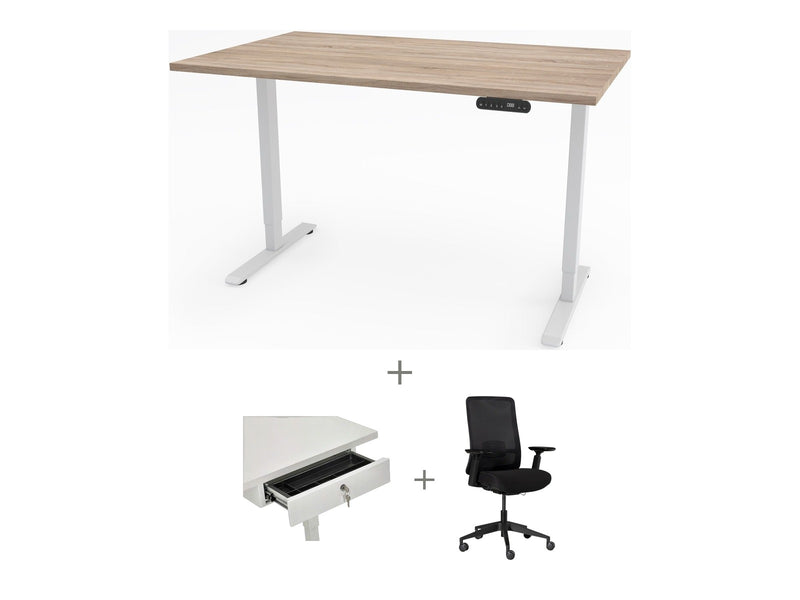 Yellow Dot Arbeitsplatz Set mit Stauraum – Platte Vicenza Eiche H3157 ST12, Gestell Weiß RAL 9016