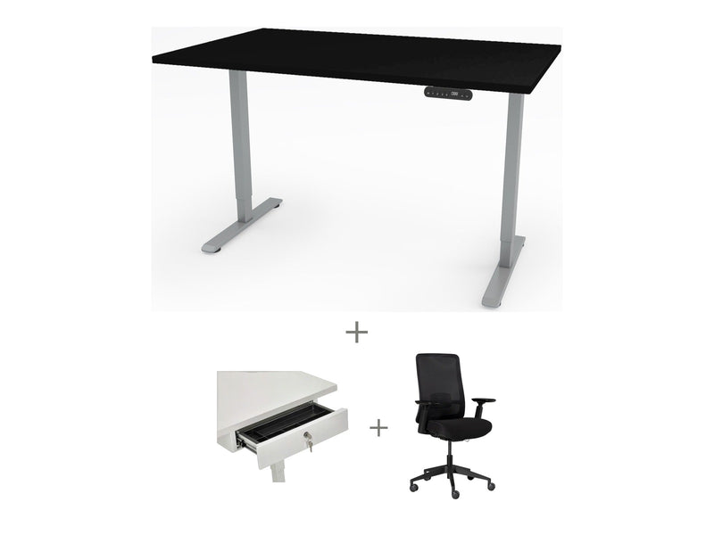 Yellow Dot Arbeitsplatz Set mit Stauraum – Platte Schwarz U999 ST7, Gestell Aluminium RAL 9006