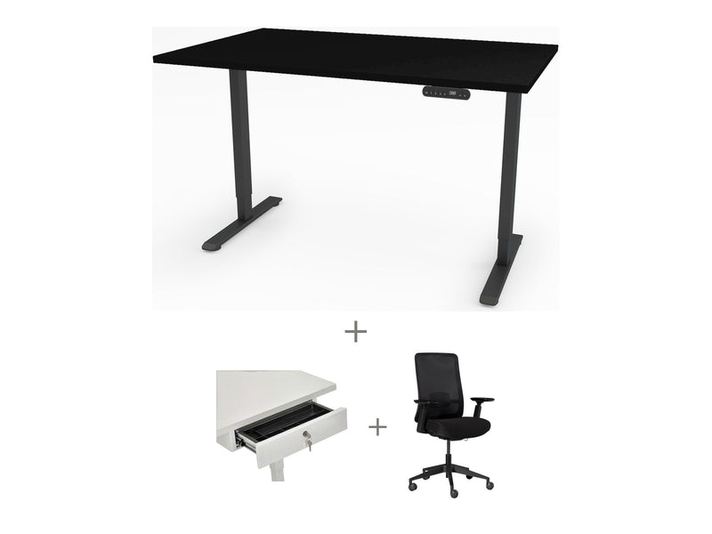 Yellow Dot Arbeitsplatz Set mit Stauraum – Platte Schwarz U999 ST7, Gestell Schwarz RAL 9005