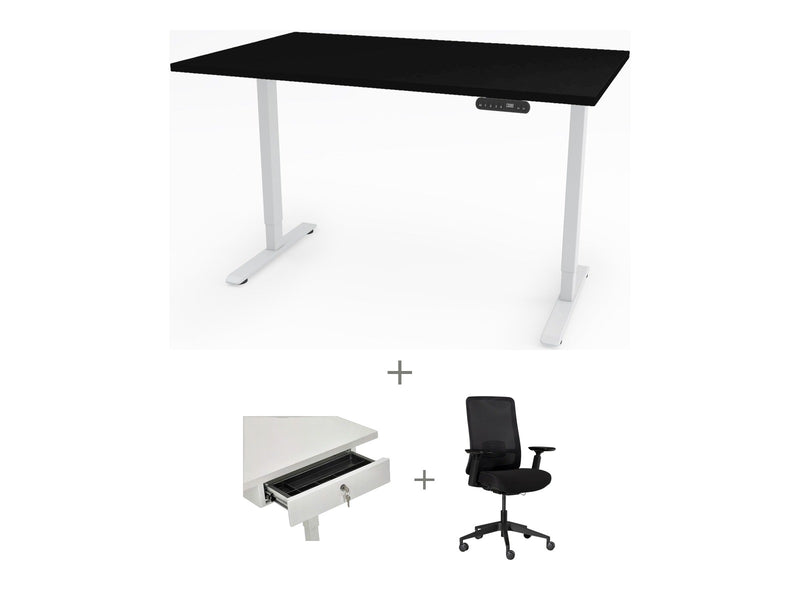 Yellow Dot Arbeitsplatz Set mit Stauraum – Platte Schwarz U999 ST7, Gestell Weiß RAL 9016