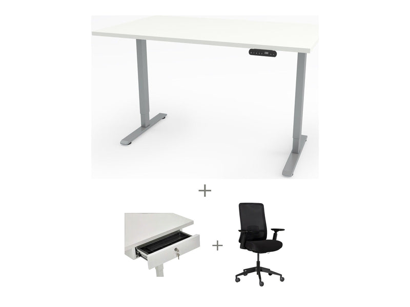 Yellow Dot Arbeitsplatz Set mit Stauraum – Platte Topweiss 0112 FH, Gestell Aluminium RAL 9006