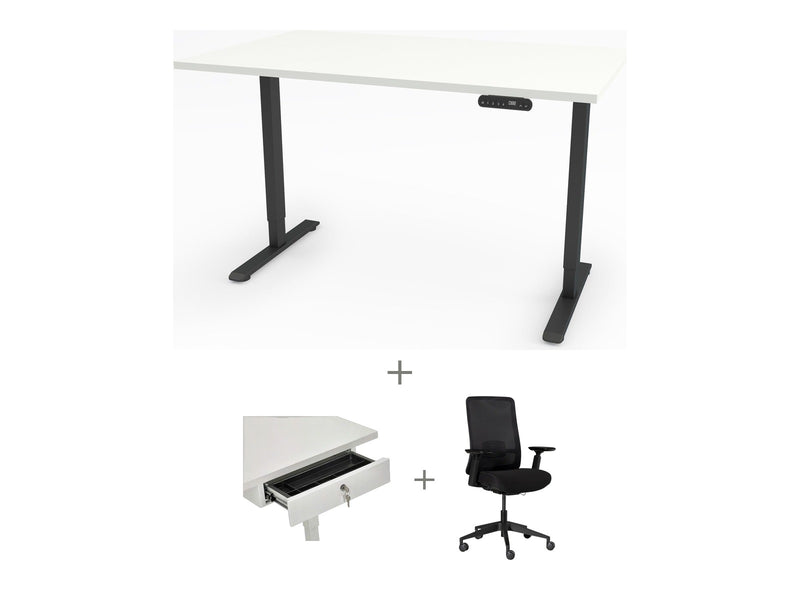 Yellow Dot Arbeitsplatz Set mit Stauraum – Platte Topweiss 0112 FH, Gestell Schwarz RAL 9005