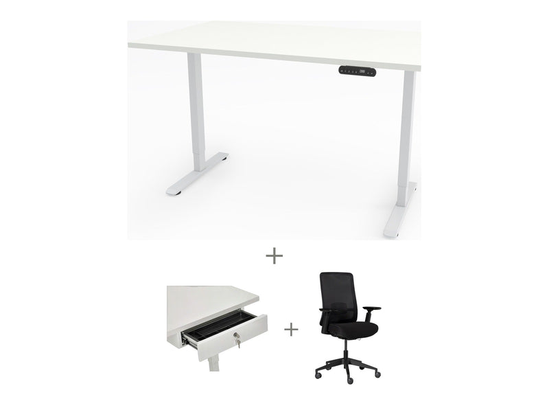 Yellow Dot Arbeitsplatz Set mit Stauraum – Platte Topweiss 0112 FH, Gestell Weiß RAL 9016